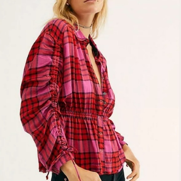 Free People Tops - Free people pacific dawn relaxed button down pink red plaid collared Barbie
